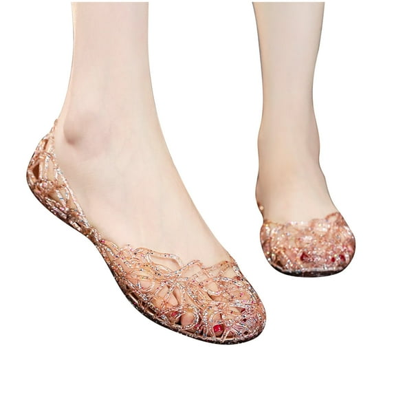 Xfvqtps Crystal Plastic Jelly Shoes for Womens Wettable Water Hollow out Slip on Flat Bottomed Close Toe Water Shoes Summer Beach Jelly Shoes Pink