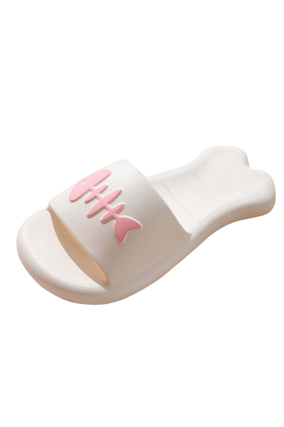 Cute Slippers for Womens Open Toe Irregular Sole Soft Thick Sole Non Slip Fish Print EVA Beach Bathroom Slipper White