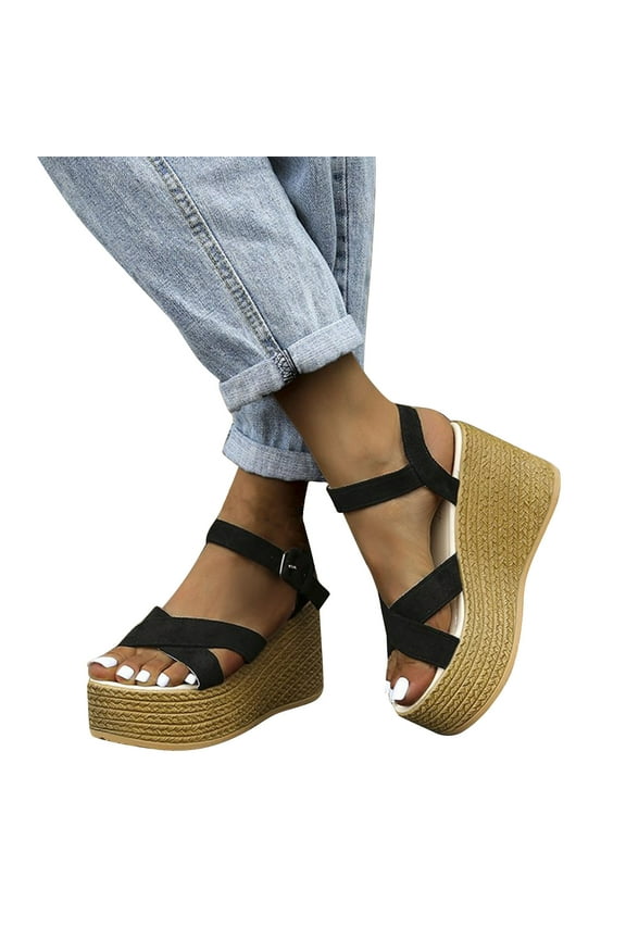 Espadrilles Wedges for Women Flatform Open Toe Cross Strap Adjustable Ankle Buckle Simple Arch Support Non Slip Outdoor Dressy Casual Summer Sandals Black
