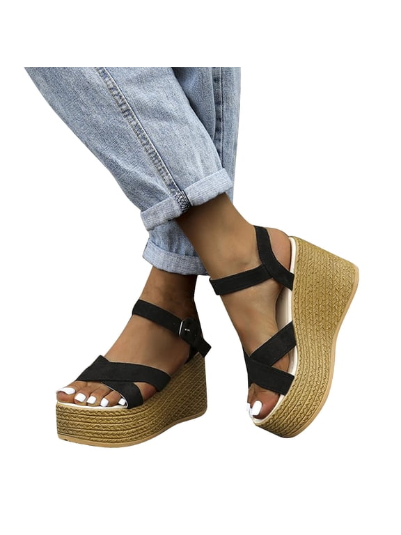 Espadrilles Wedges for Women Flatform Open Toe Cross Strap Adjustable Ankle Buckle Simple Arch Support Non Slip Outdoor Dressy Casual Summer Sandals Black