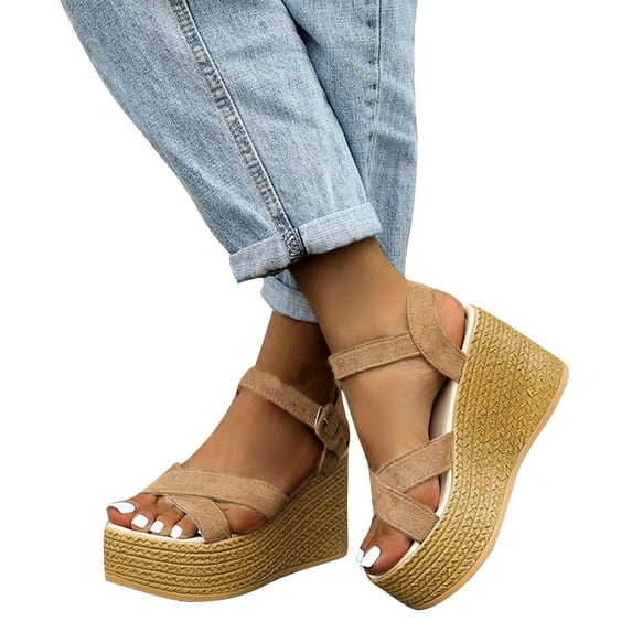 Xfvqtps Espadrilles Wedges for Women Flatform Open Toe Cross Strap Adjustable Ankle Buckle Simple Arch Support Non Slip Outdoor Dressy Casual Summer Sandals Khaki