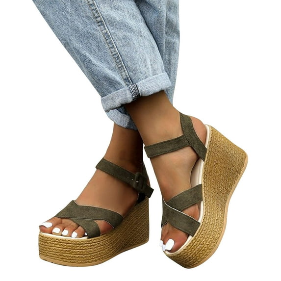 Xfvqtps Espadrilles Wedges for Women Flatform Open Toe Cross Strap Adjustable Ankle Buckle Simple Arch Support Non Slip Outdoor Dressy Casual Summer Sandals Army Green