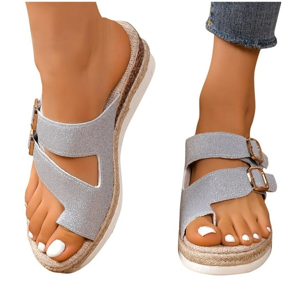 Xfvqtps Espadrilles Wedges for Women Slide Platform Toe Ring Sequin Double Buckle Decor Soft Sole Non Slip Beach Summer Sandals Silver