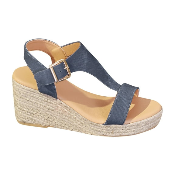Xfvqtps Espadrilles Wedges for Women T-Strap Open Toe Adjustable Buckle Strap Denim Blue Non Slip Breathable Summer Espadrilles for Women Blue