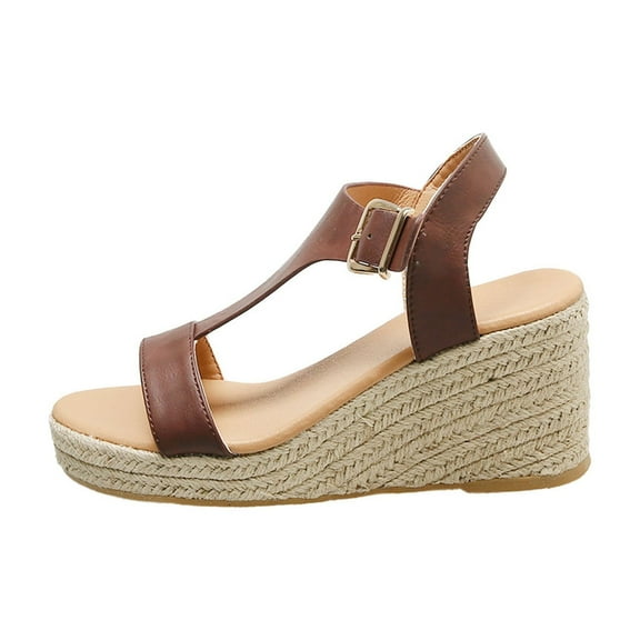 Xfvqtps Espadrilles Wedges for Women T-Strap Open Toe Adjustable Buckle Strap Leather Non Slip Breathable Summer Espadrilles for Women Red