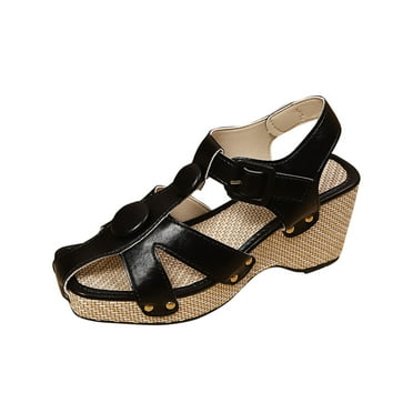 Xfvqtps Espadrilles for Women Flatform Weave Sole Close Square Toe Ankle Buckle Strap High Heel Beach Pumps Black