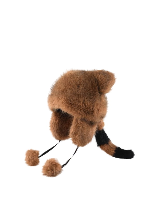 Faux Fur Hat with Fluffy Furry Tail for Child Warm Earflap Hat with Pompom Fake Fur Outdoor Activity Skiing Hat Winter Windproof Trapper Hat Khaki