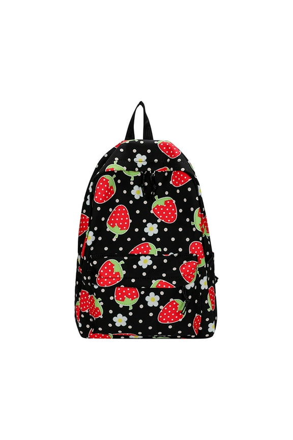 Female Backpack Cute Strawberry Print Sweet Mini Lightweight Portable Causal Canvas Bookbag Black