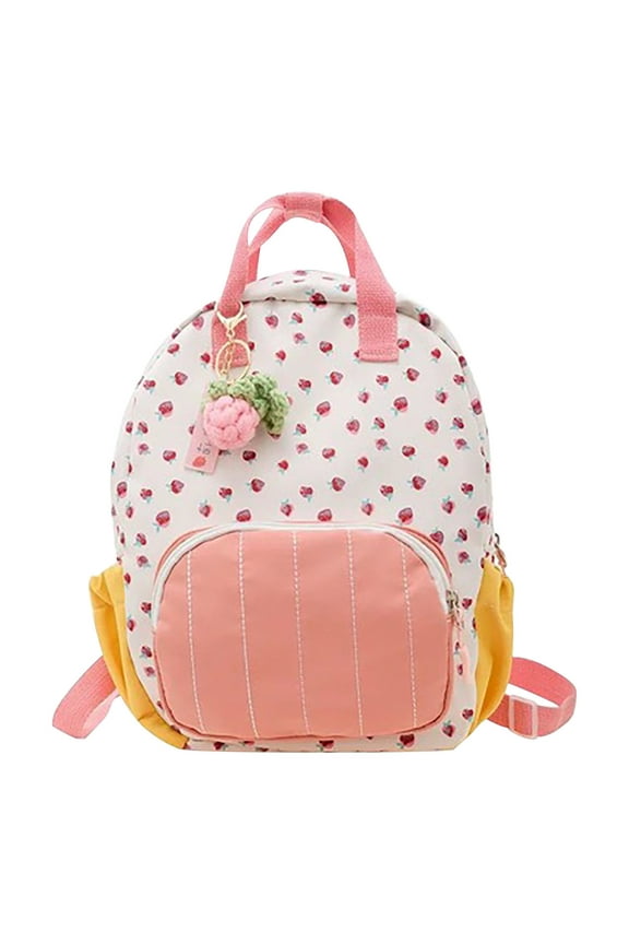 Female Backpack Cute Strawberry Print Sweet Mini Lightweight Portable Causal Canvas Bookbag Pink-S
