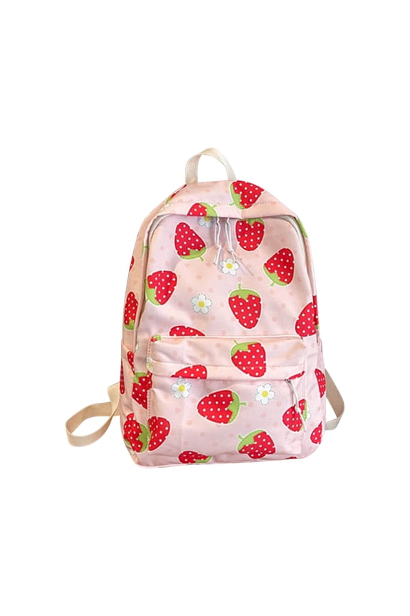 Female Backpack Cute Strawberry Print Sweet Mini Lightweight Portable Causal Canvas Bookbag Pink
