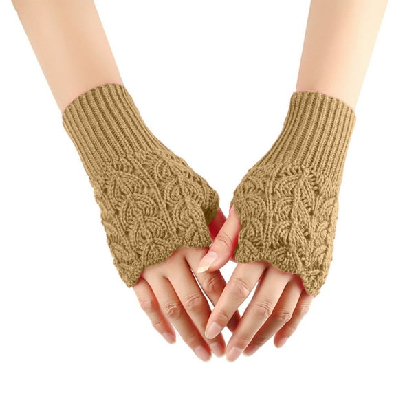 Xfvqtps Fingerless Gloves for Womens Thumb Hole Decorative Pattern Mid-Length Arm Warmer Knitting Crochet Solid Color Fashion Thermal Warm Winter Mittens Beige
