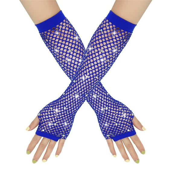 Xfvqtps Fingerless Gloves for Womens Mesh Thumb Hole Long Rhinestone Biling Solid Color Stretch Fashion Party Mittens Blue