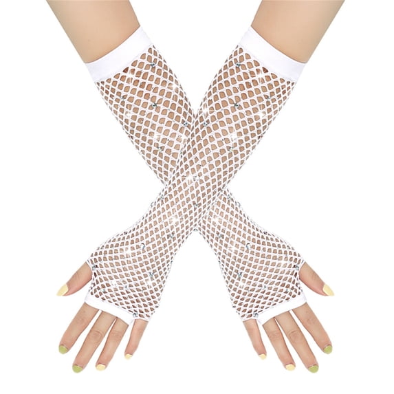 Xfvqtps Fingerless Gloves for Womens Mesh Thumb Hole Long Rhinestone Biling Solid Color Stretch Fashion Party Mittens White