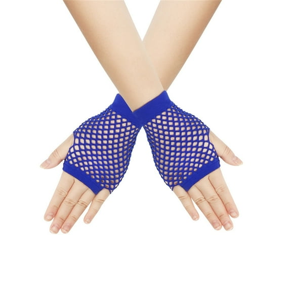 Xfvqtps Fingerless Gloves for Womens Mesh Thumb Hole Short Hollow Out Solid Color Stretch Fashion Party Mittens Blue
