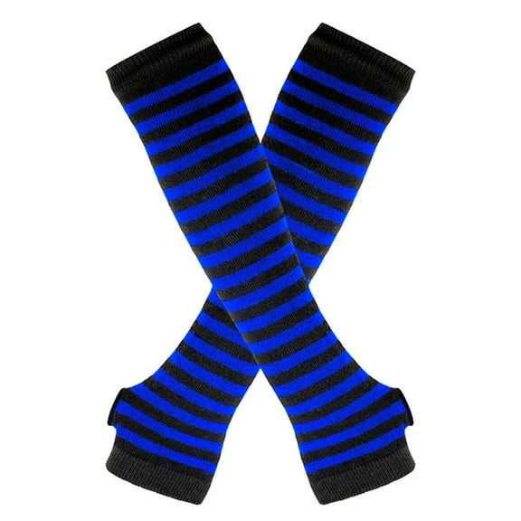 Xfvqtps Fingerless Gloves for Womens Stripe Thumb Hole Long Arm Warmer Knitting Crochet Solid Color Fashion Thermal Warm Winter Mittens Blue