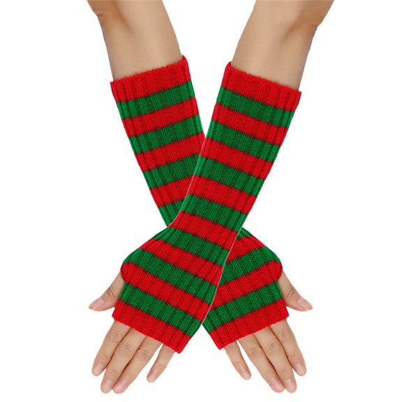 Xfvqtps Fingerless Gloves for Womens Stripe Thumb Hole Long Arm Warmer Knitting Crochet Solid Color Fashion Thermal Warm Winter Mittens Green