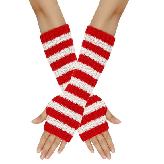 Xfvqtps Fingerless Gloves for Womens Stripe Thumb Hole Long Arm Warmer Knitting Crochet Solid Color Fashion Thermal Warm Winter Mittens Red