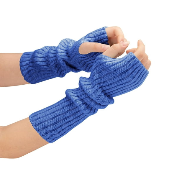 Xfvqtps Fingerless Gloves for Womens Thumb Hole Arm Knitting Crochet Solid Color Fashion Thermal Warm Winter Mittens Blue