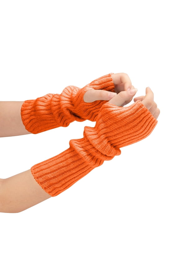 Fingerless Gloves for Womens Thumb Hole Arm Knitting Crochet Solid Color Fashion Thermal Warm Winter Mittens Orange