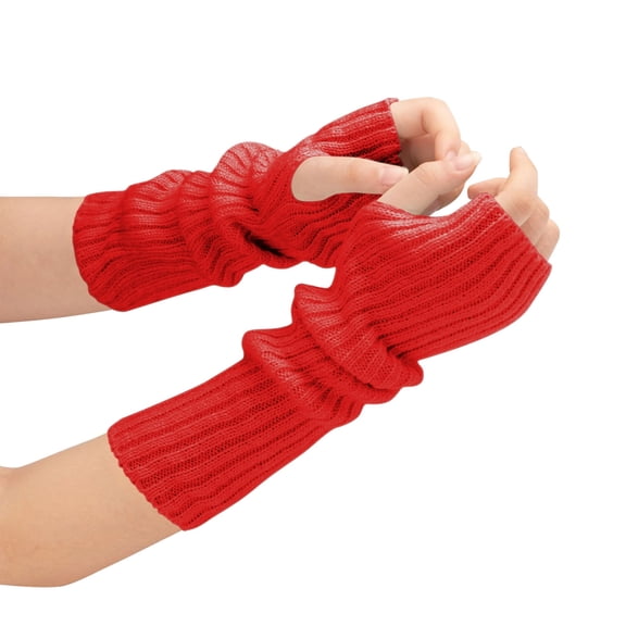 Xfvqtps Fingerless Gloves for Womens Thumb Hole Arm Knitting Crochet Solid Color Fashion Thermal Warm Winter Mittens Red