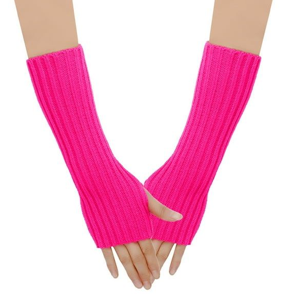 Xfvqtps Fingerless Gloves for Womens Thumb Hole Knitting Crochet Long Arm Warmer Solid Color Fashion Thermal Warm Winter Mittens Hot Pink