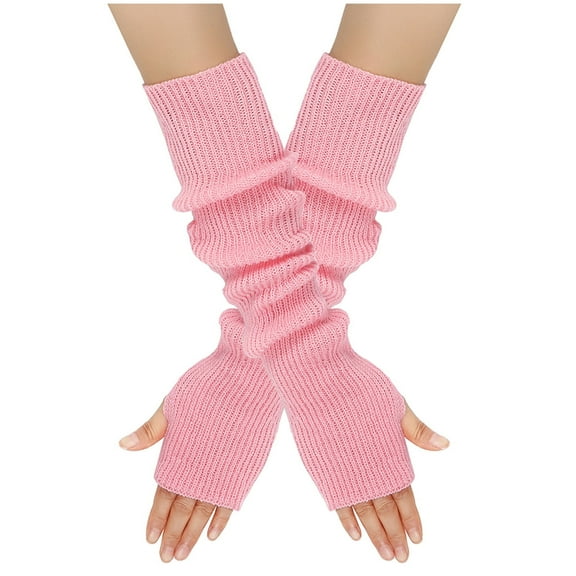 Xfvqtps Fingerless Gloves for Womens Thumb Hole Long Arm Warmer Knitting Crochet Solid Color Fashion Thermal Warm Winter Mittens Pink