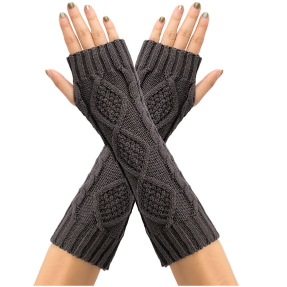 Xfvqtps Fingerless Gloves for Womens Thumb Hole Rhombus Long Arm Warmer Knitting Crochet Solid Color Fashion Thermal Warm Winter Mittens Dark Gray
