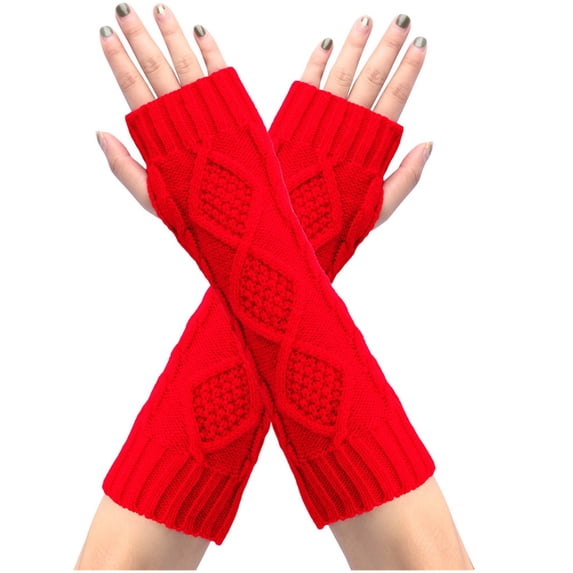 Xfvqtps Fingerless Gloves for Womens Thumb Hole Rhombus Long Arm Warmer Knitting Crochet Solid Color Fashion Thermal Warm Winter Mittens Red