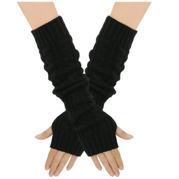 Xfvqtps Fingerless Gloves for Womens Thumb Hole Ribbed Long Arm Warmer Knitting Crochet Solid Color Fashion Thermal Warm Winter Mittens Black