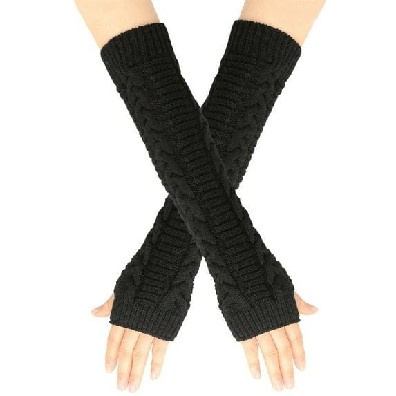 Xfvqtps Fingerless Gloves for Womens Thumb Hole Ribbed Long Arm Warmer Knitting Crochet Solid Color Fashion Thermal Warm Winter Mittens Black