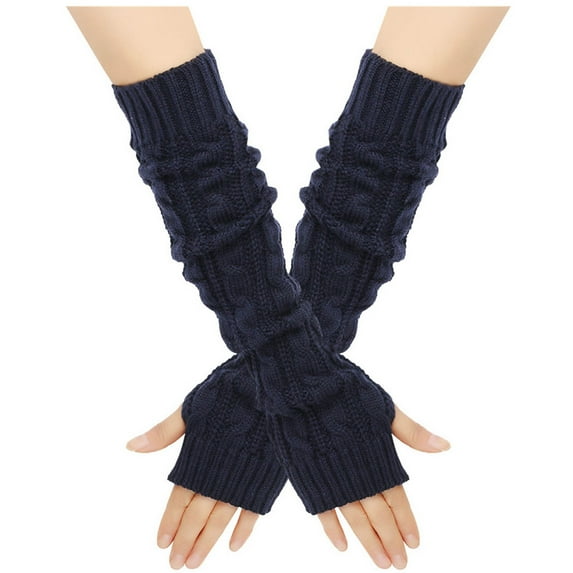 Xfvqtps Fingerless Gloves for Womens Thumb Hole Ribbed Long Arm Warmer Knitting Crochet Solid Color Fashion Thermal Warm Winter Mittens Navy