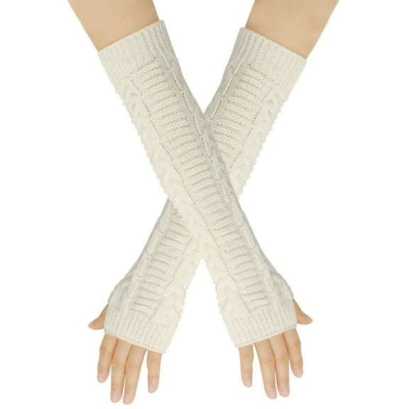 Xfvqtps Fingerless Gloves for Womens Thumb Hole Ribbed Long Arm Warmer Knitting Crochet Solid Color Fashion Thermal Warm Winter Mittens White