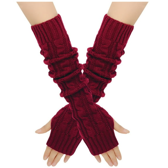 Xfvqtps Fingerless Gloves for Womens Thumb Hole Ribbed Long Arm Warmer Knitting Crochet Solid Color Fashion Thermal Warm Winter Mittens Wine