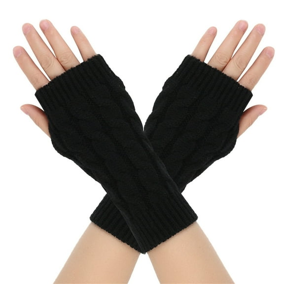 Xfvqtps Fingerless Gloves for Womens Thumb Hole Ribbed Mid-Length Arm Warmer Knitting Crochet Solid Color Fashion Thermal Warm Winter Mittens Black