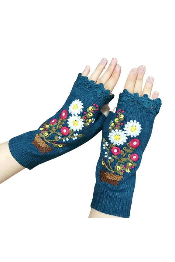 Fingerless Gloves for Womens Thumb Hole Wrist Knitting Crochet Flower Embroidery Hollow Out Lace Fashion Thermal Warm Winter Mittens Blue