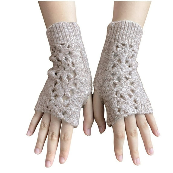 Xfvqtps Fingerless Gloves for Womens Thumb Hole Wrist Knitting Crochet Flower Hollow Out Solid Color Fashion Thermal Warm Winter Mittens Coffee
