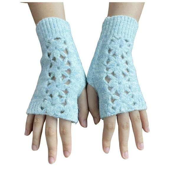 Xfvqtps Fingerless Gloves for Womens Thumb Hole Wrist Knitting Crochet Flower Hollow Out Solid Color Fashion Thermal Warm Winter Mittens Sky Blue