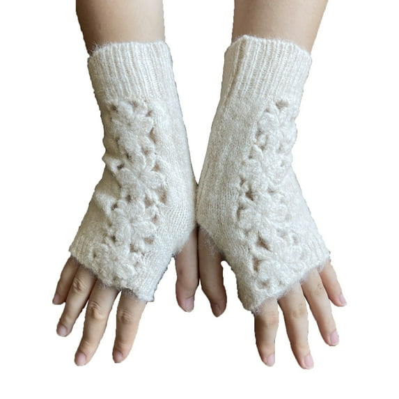 Xfvqtps Fingerless Gloves for Womens Thumb Hole Wrist Knitting Crochet Flower Hollow Out Solid Color Fashion Thermal Warm Winter Mittens White