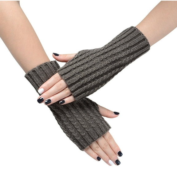 Xfvqtps Fingerless Gloves for Womens Thumb Hole Wrist Stripe Knitting Crochet Solid Color Fashion Windproof Thermal Warm Winter Mittens Dark Gray