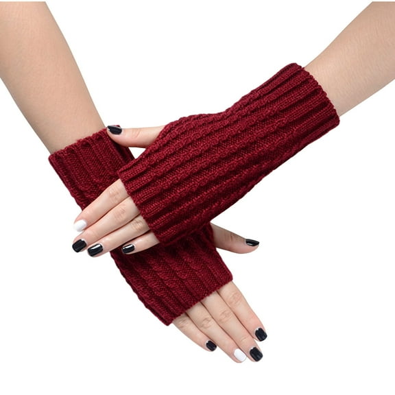 Xfvqtps Fingerless Gloves for Womens Thumb Hole Wrist Stripe Knitting Crochet Solid Color Fashion Windproof Thermal Warm Winter Mittens Wine