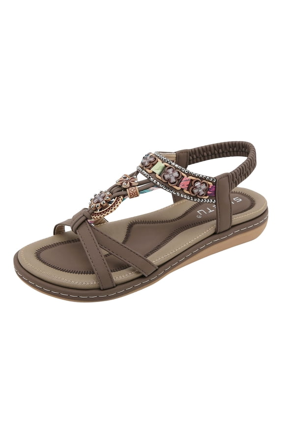 Flat Sandals for Women Elastic Straps Slip on Bohemian Beaded Cross Straps Open Toe Soft Sole Comfortable Non Slip Breathable Beach Summer Walking Sandals Brown