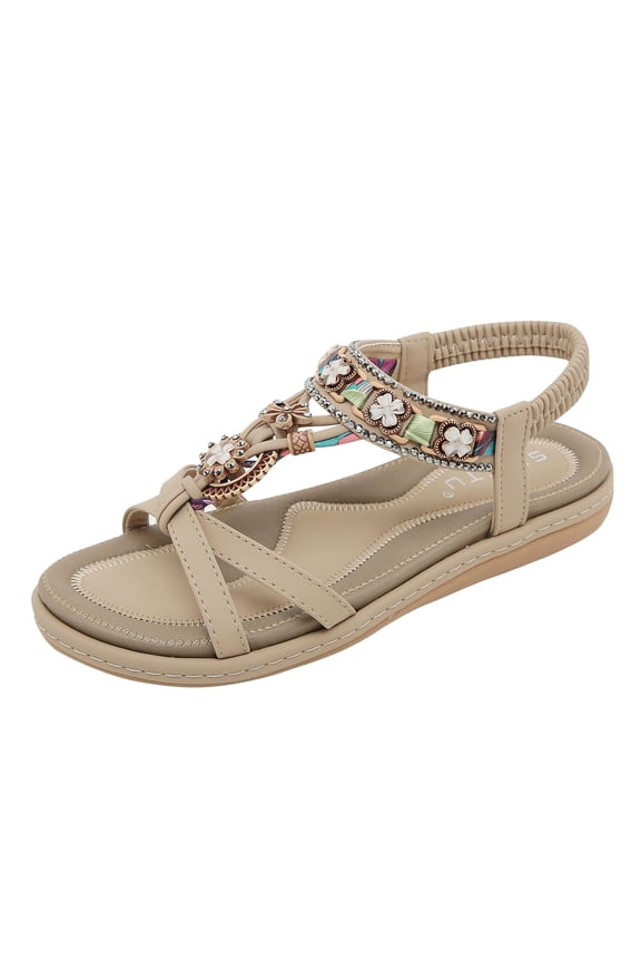 Flat Sandals for Women Elastic Straps Slip on Bohemian Beaded Cross Straps Open Toe Soft Sole Comfortable Non Slip Breathable Beach Summer Walking Sandals Beige