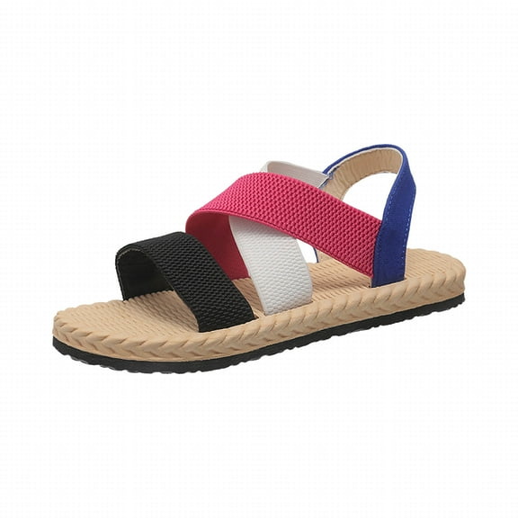 Xfvqtps Flat Sandals for Women Knit Elastic Straps Slip on Crisscross Straps Open Toe Straw Weaving Sole Soft Non Slip Lightweight Comfortable Beach Summer Walking Sandals Multicolor