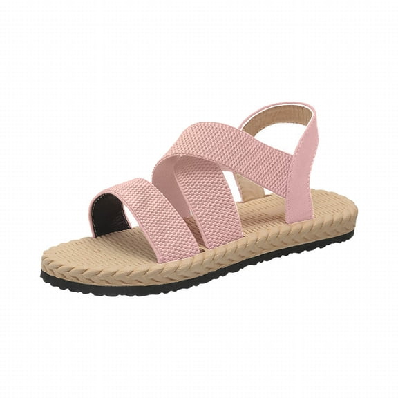 Xfvqtps Flat Sandals for Women Knit Elastic Straps Slip on Crisscross Straps Open Toe Straw Weaving Sole Soft Non Slip Lightweight Comfortable Beach Summer Walking Sandals Pink