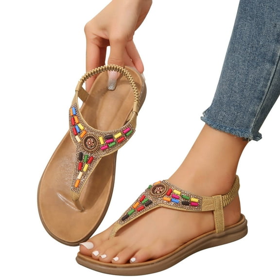 Xfvqtps Flat Sandals for Women T-Strap Elastic Bohemian Colored Bead Decor Non Slip Soft Sole Comfortable Walking Summer Flip Flops Thong Sandals Yellow