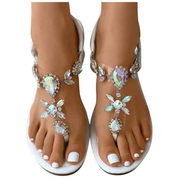 Xfvqtps Flat Sandals for Women T-Strap Transparent Elastic Flash Rhinestone Decor Colorful Dressy Wedding Slip on Non Slip Summer Flip Flops Thong Sandals Beige