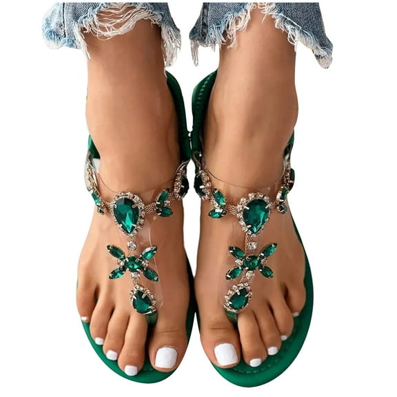 Xfvqtps Flat Sandals for Women T-Strap Transparent Elastic Flash Rhinestone Decor Colorful Dressy Wedding Slip on Non Slip Summer Flip Flops Thong Sandals Green