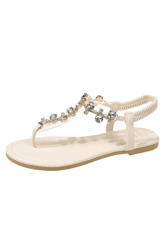 Flat Sandals for Women T-Strap Transparent Elastic Flash Rhinestone Decor Dressy Wedding Elegant Slip on Non Slip Summer Flip Flops Thong Sandals Beige