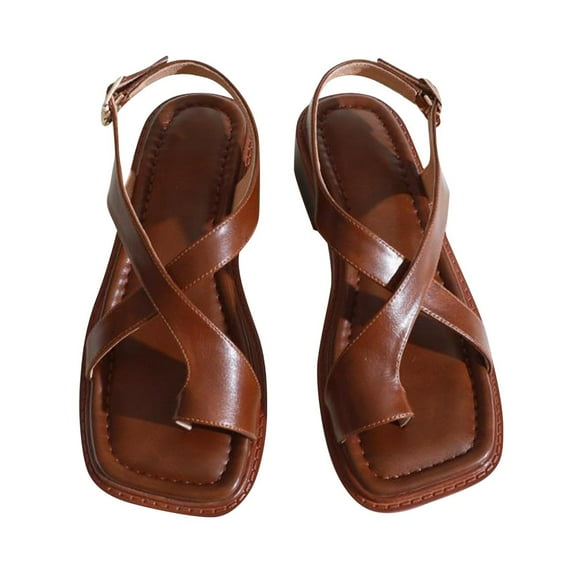 Xfvqtps Flat Sandals for Women Toe Ring Split Toed Cross Strap Square Toe Buckle Strap Soft Sole Comfortable Breathable Non Slip Dressy Casual Summer Walking Thong Sandal Brown