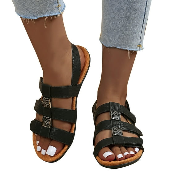 Xfvqtps Flat Sandals for Women Arch Support Hook and Loop Straps Slingback Comfortable Non Slip Breathable Walking Beach Summer Sandals Black